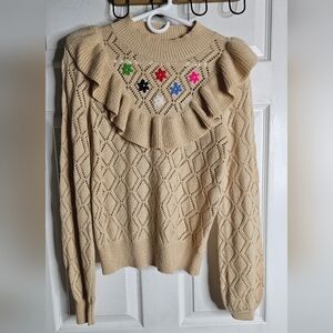 Lilly Pulitzer Bereda Ruffle Long Sleeve Sweater Heathered Sand Bar Size Small